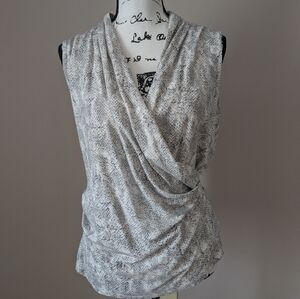 Draped Wrap-Front Sleeveless Top in Light Gray Snake Print